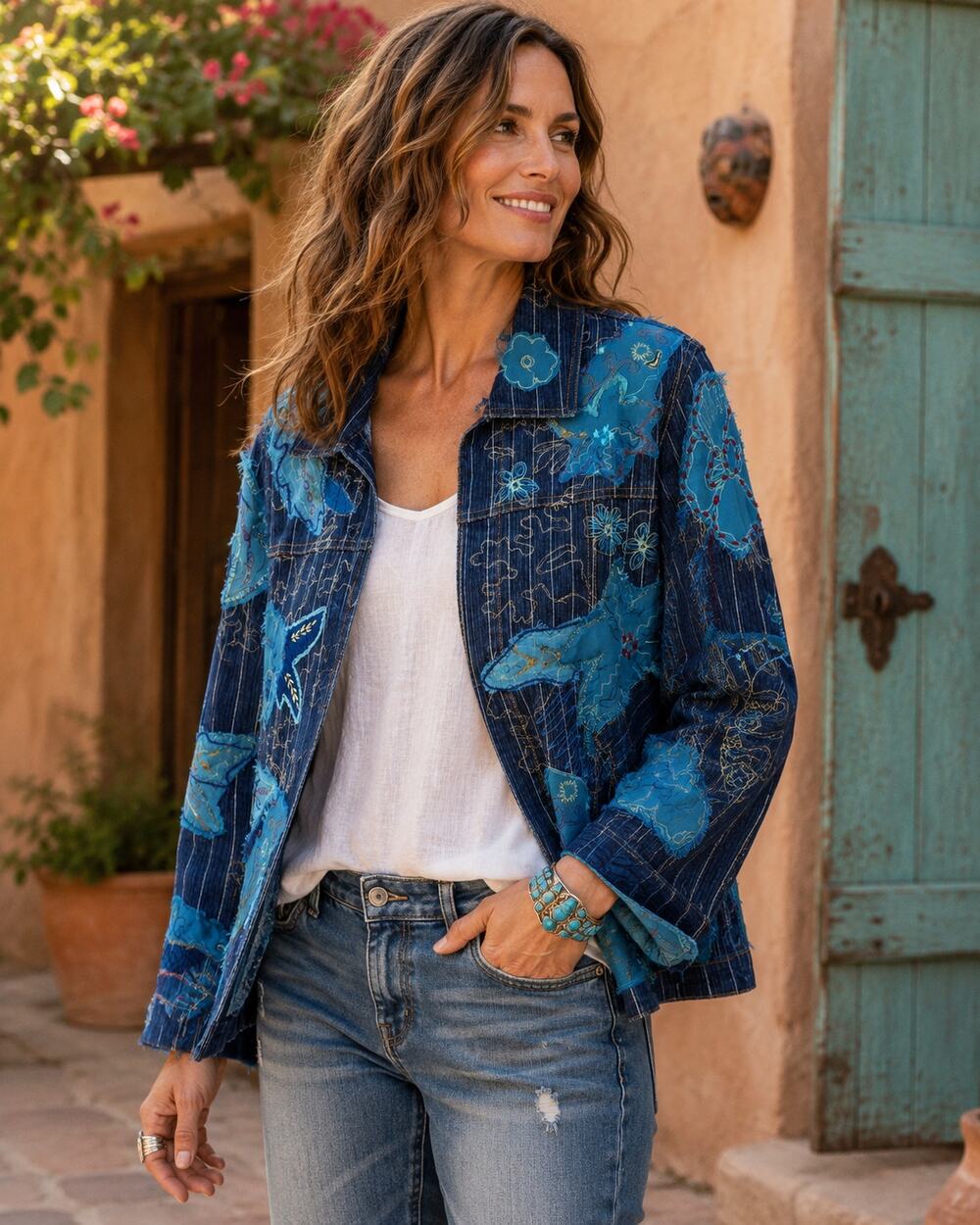 Artisan Patchwork Embroidered Denim Look Jacket sz Large